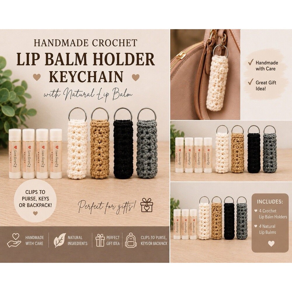 Handmade Crochet Lip Balm Holder Keychain With Natural Lip Balm Set of 4
